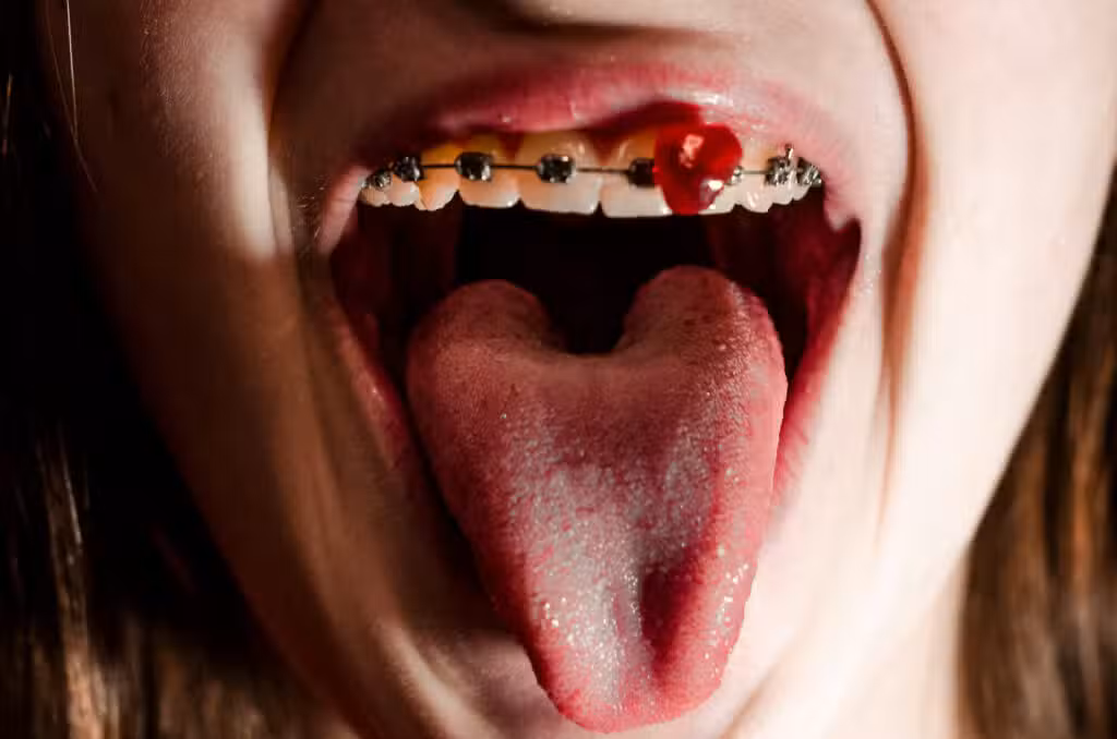 Close-up of braces with colorful bands for teen orthodontic treatment